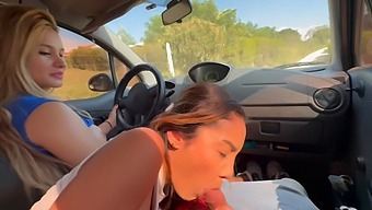 Two Colombian Latinas Give A Handjob And Blowjob In A Public Car